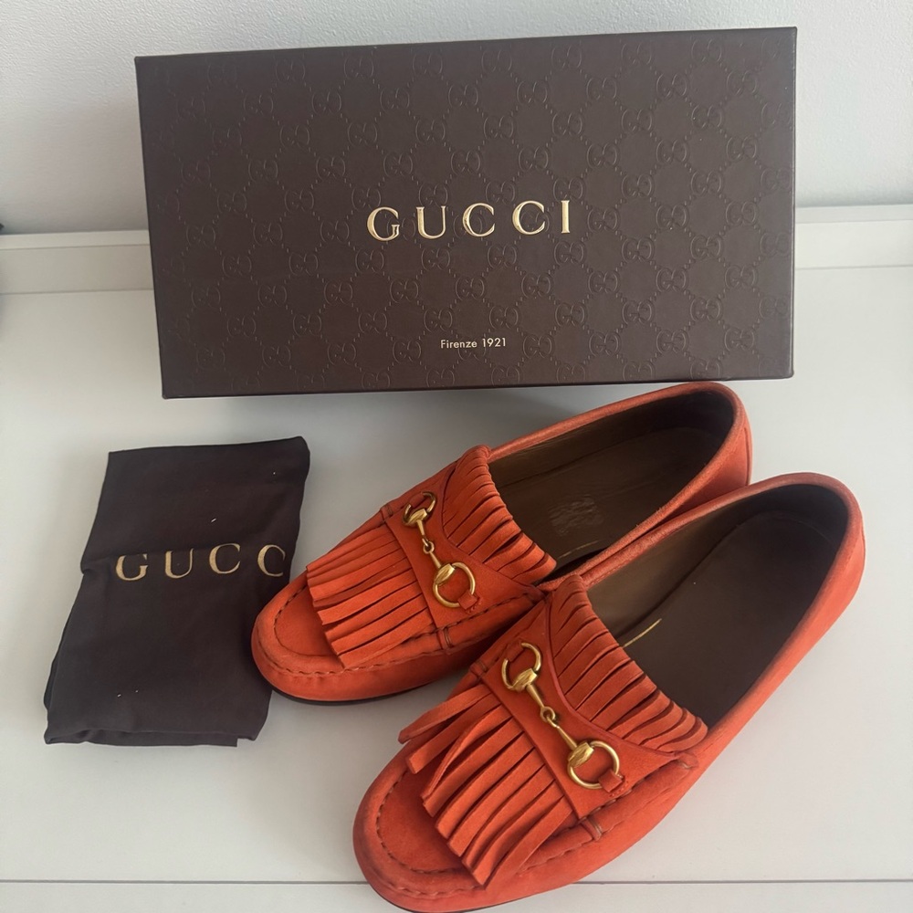 Gucci Dark Orange Fringe Loafers with Gold Horsebit